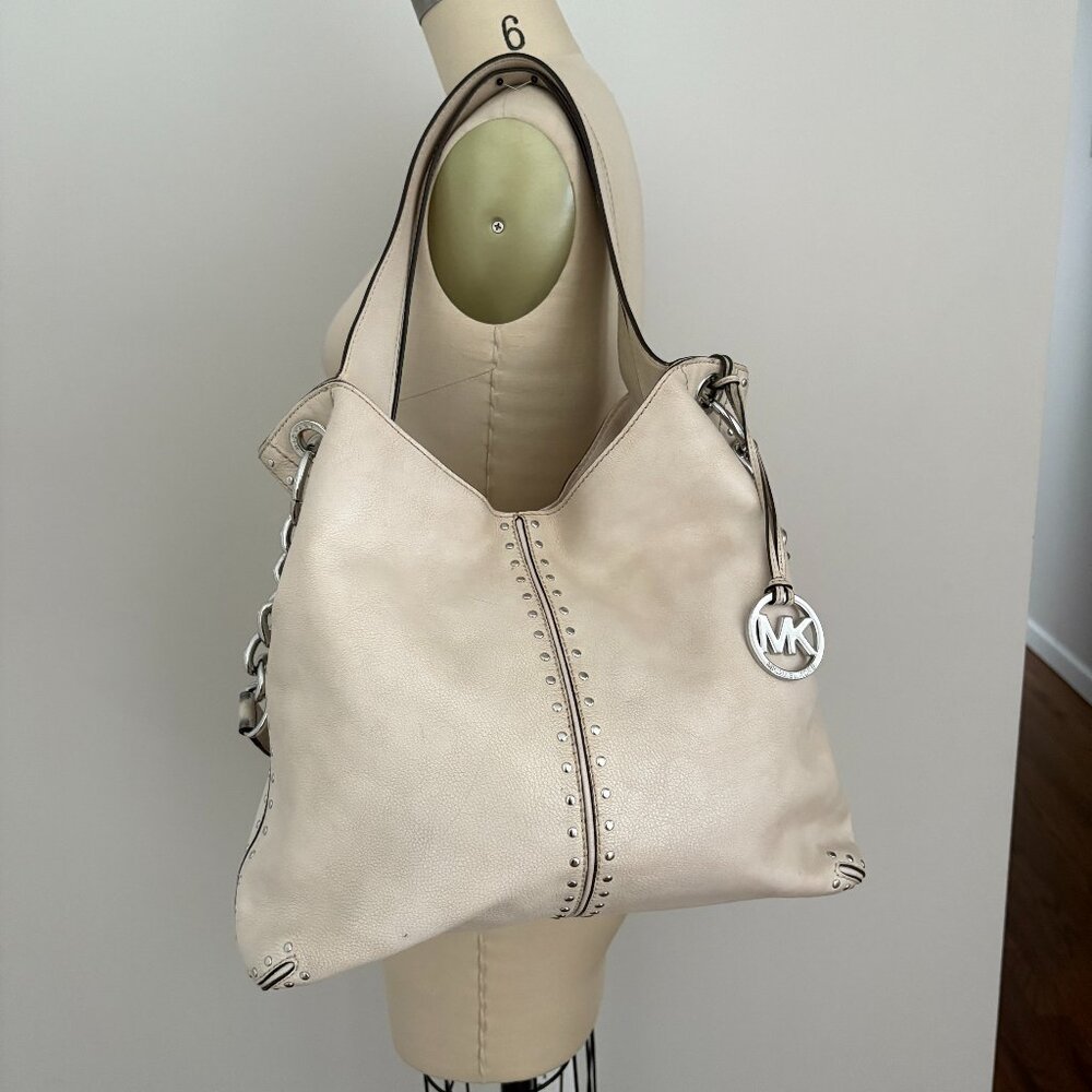 MICHAEL Michael Kors Silver Studded Ivory/Cream Leather Hobo Purse Designer Bag